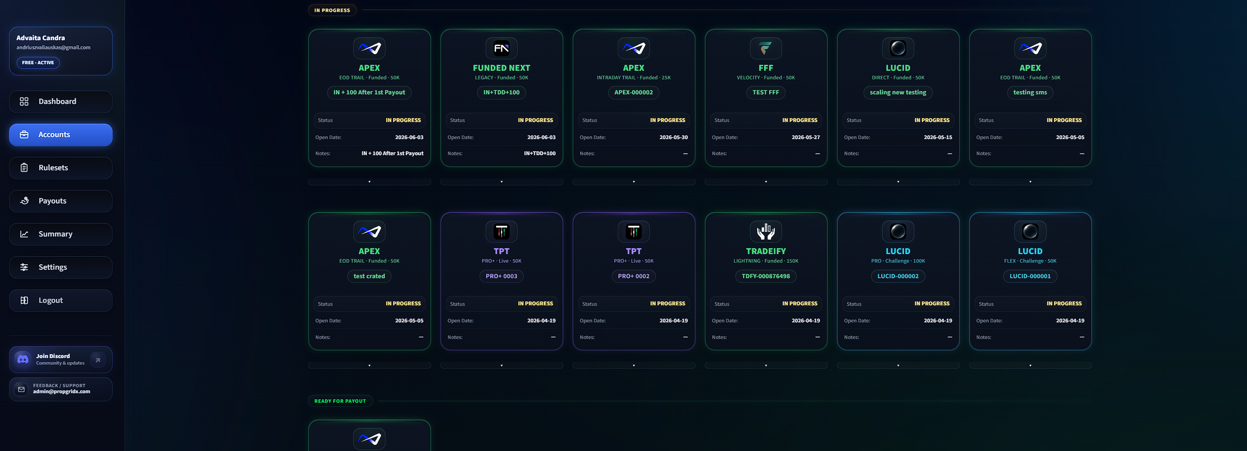 PropGridX accounts management screenshot