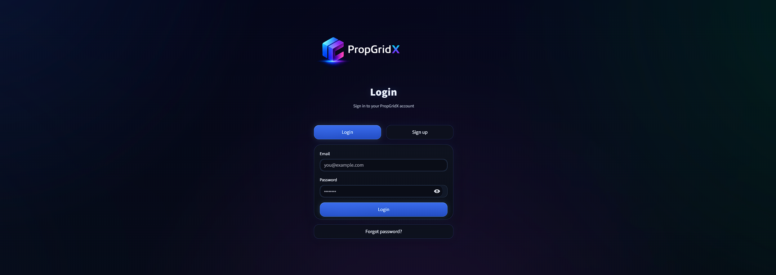 PropGridX Login ekranas