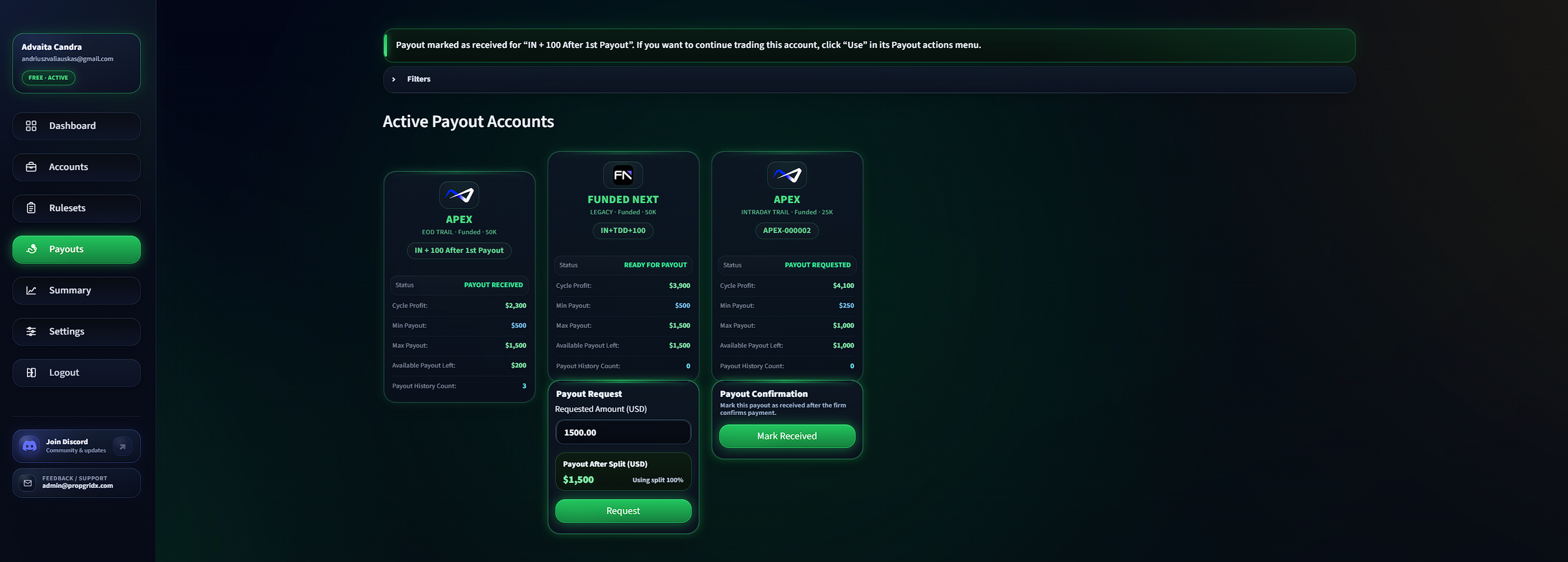 PropGridX Payouts overview ekranas